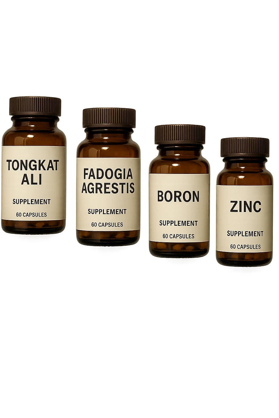 4 boccette di integratore: Tongkat Ali, Fadogia Agrestis, Boron e Zinco fluttuano in aria verticalmente emoji