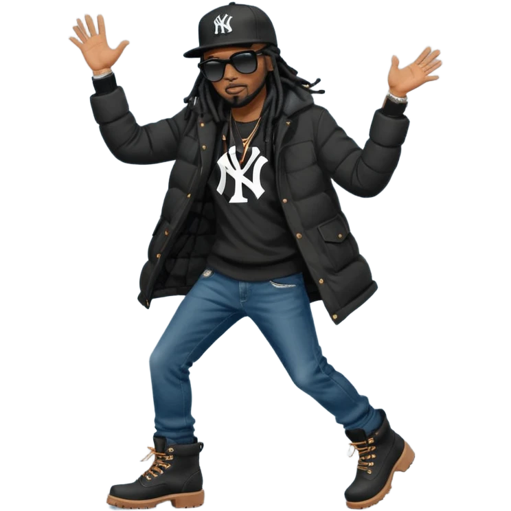 African American man with shoulder length black dreadlocks and black sunglasses wearing a black New York Yankees baseball hat wearing a black bubble winter coat with denim skinny jeans and timberland boots dancing emoji