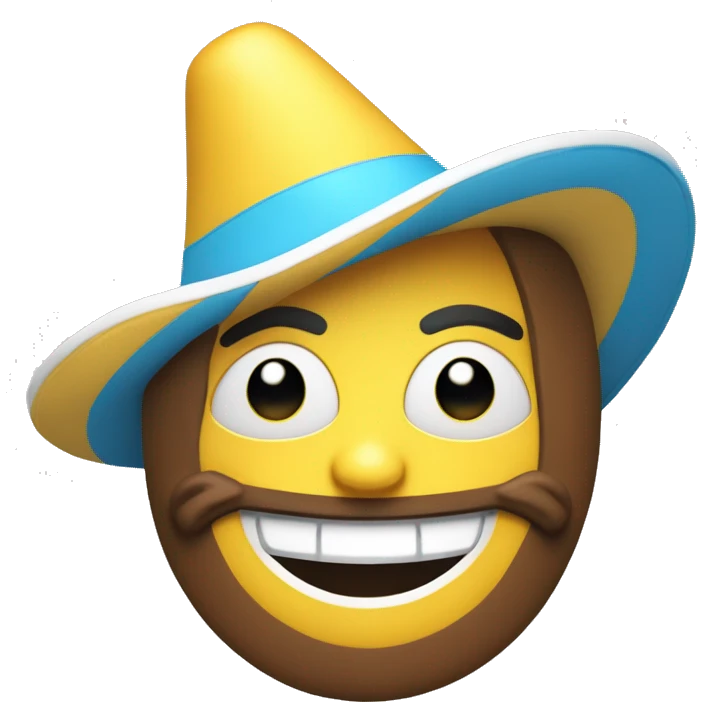emoji amarillo  sonriente con sombrero de arlequin celeste y blanco emoji
