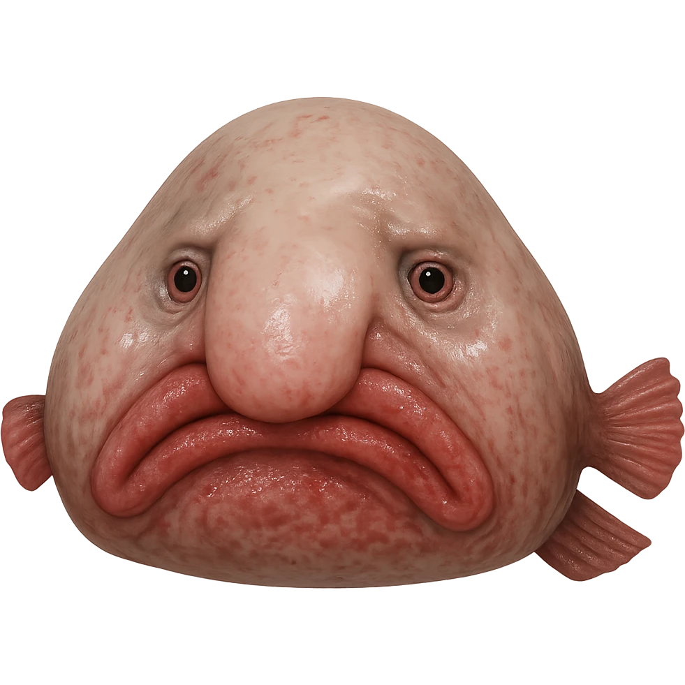 Create a full-body blobfish emoji that is uglier and more realistic, inspired by the reference photo. The style should resemble Apple style emojis with a transparent background. emoji