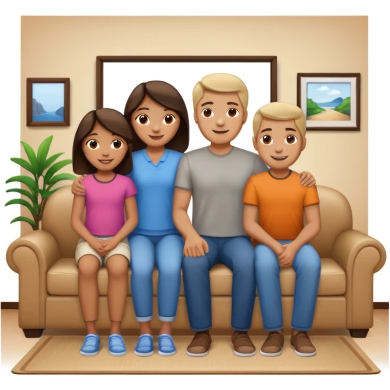 family posing for photo, living room background emoji