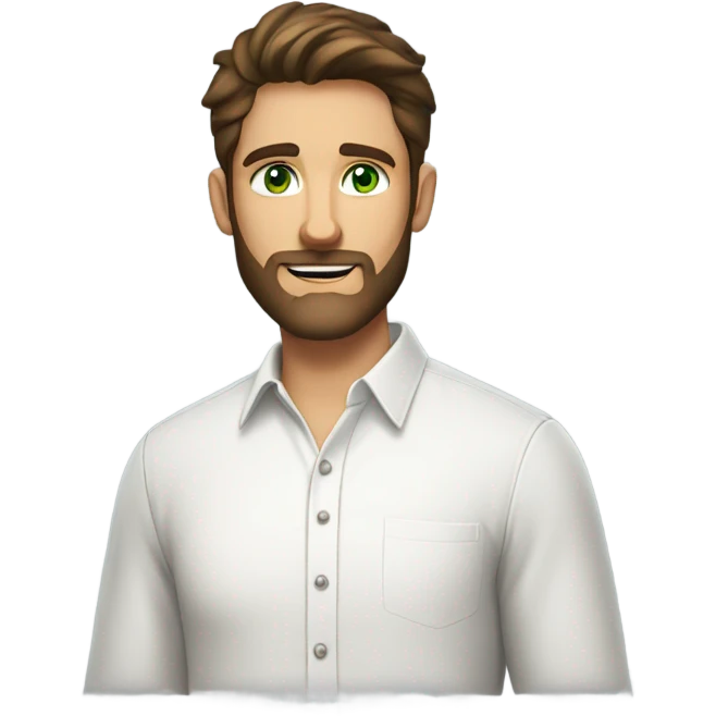 handsome optimist brunette man and beard green eyes wearing white button down shirt  emoji