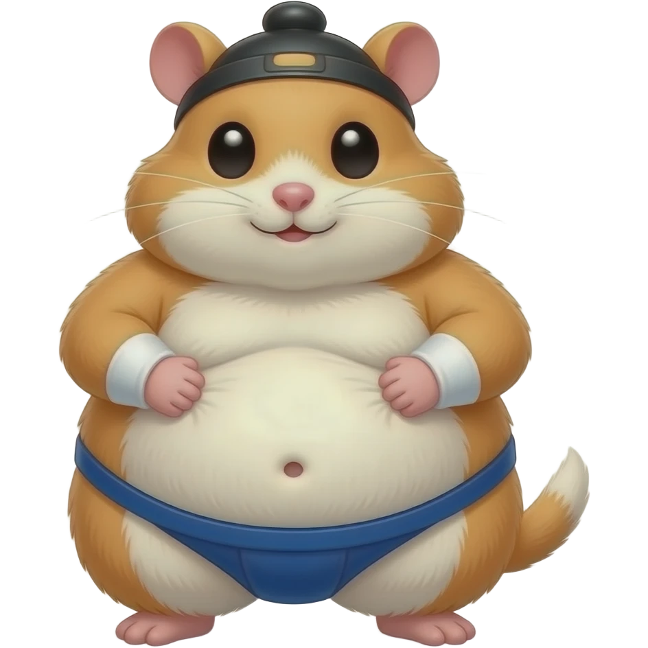 A cute female hamster,suited to be a sumo wrestler,she rubs her huge overstuffed stomach,a cute little bellybutton poking out of her fur,she is massively fat. emoji