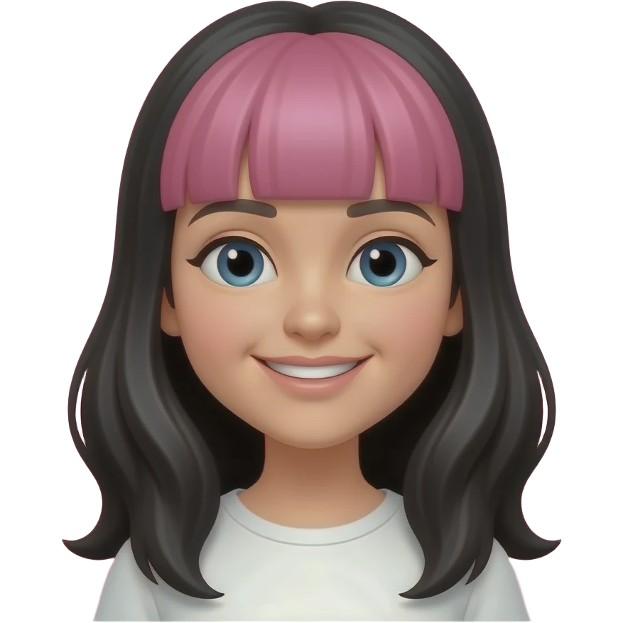 pink, with bangs, smile, long hair pink back ground, black hair emoji
