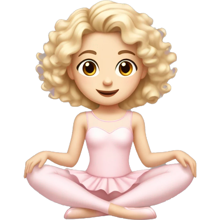 little girl with pale skin curly blonde hair and brown eyes wearing a light pink ballet outfit sitting on the floor emoji