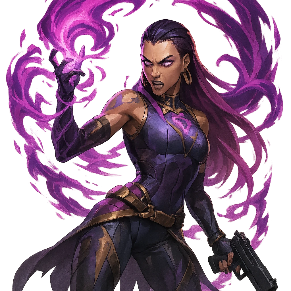 Reyna from Valorant, action pose, hand raised, energy swirling, game-inspired, dynamic composition emoji