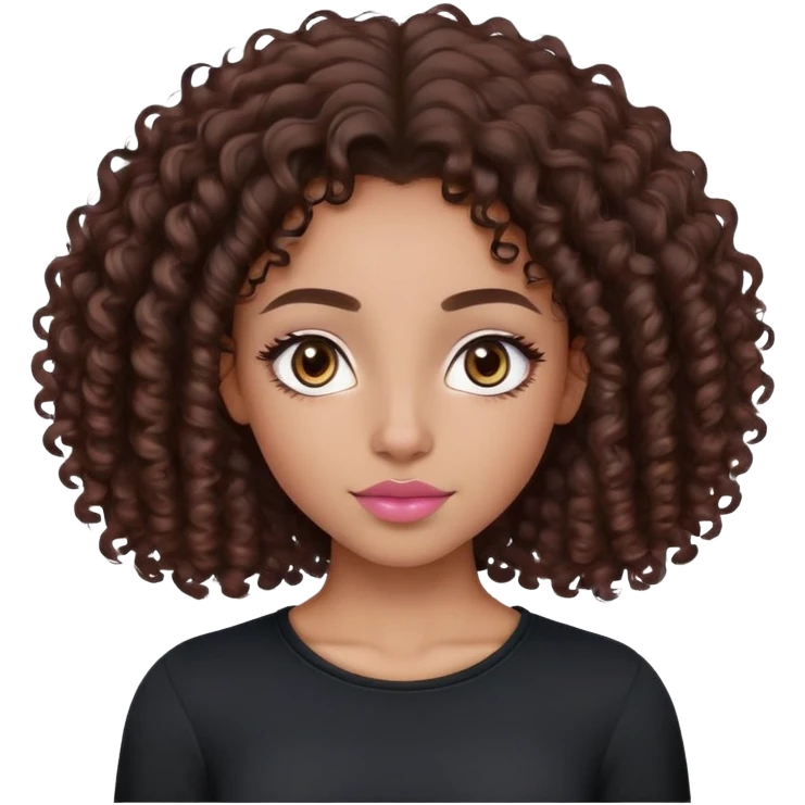 Lightskinned, dark brown curly hair girl (3a), Nubian nose, Full lips, with a natural pink-brown tone, dark brown almond eyes, Slight arched eyebrows, full, dark brown/black, wearing a black long sleeve top  emoji