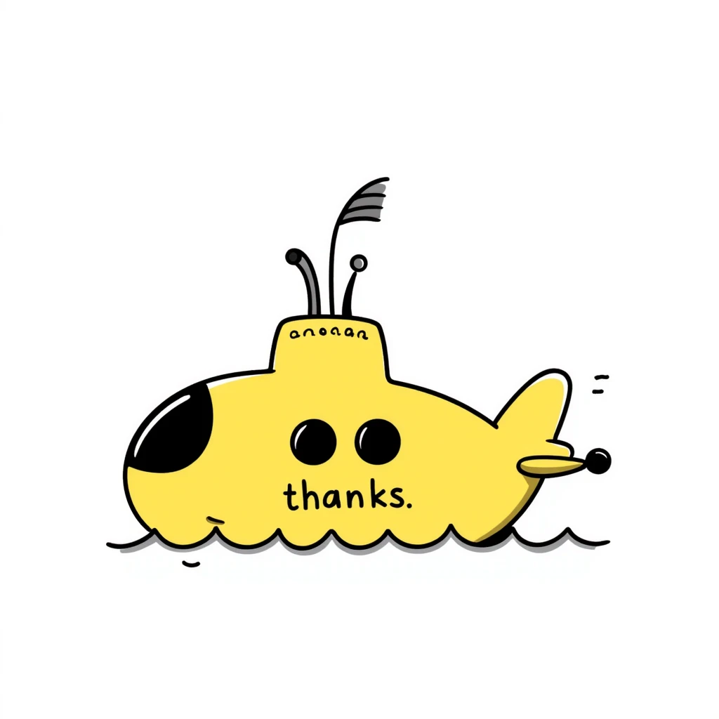 yellow submarine, hand-drawn style, with 'thanks' text, doodle style emoji
