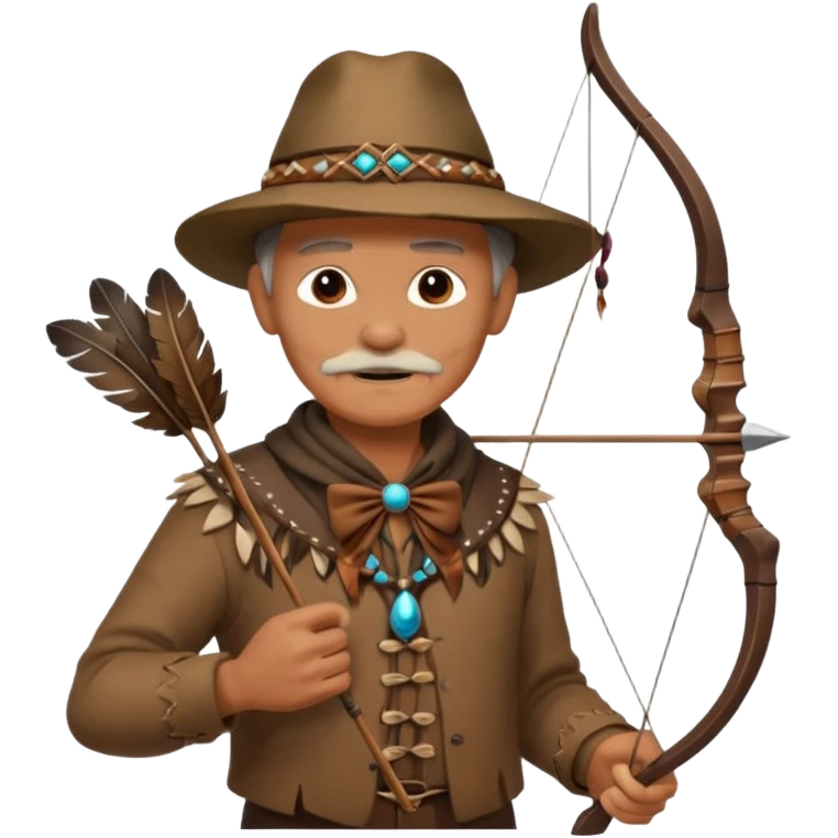 The classic image of a middle-aged uncle hunter carrying a bow, dressed in brown clothes, with some ornaments made of feathers, bones or teeth on his body. emoji