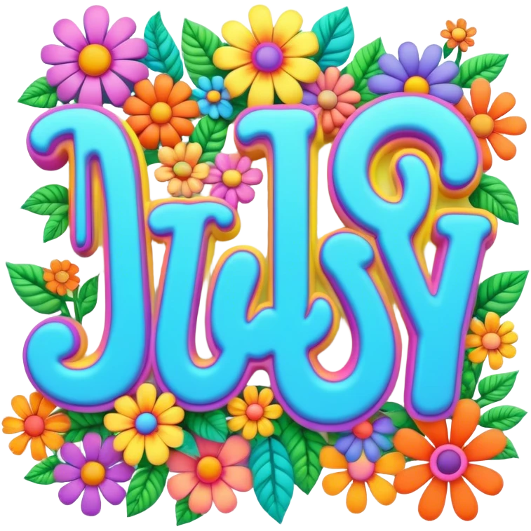 3D, gothic style psychedelic colored word Jay with hippie style flower border emoji