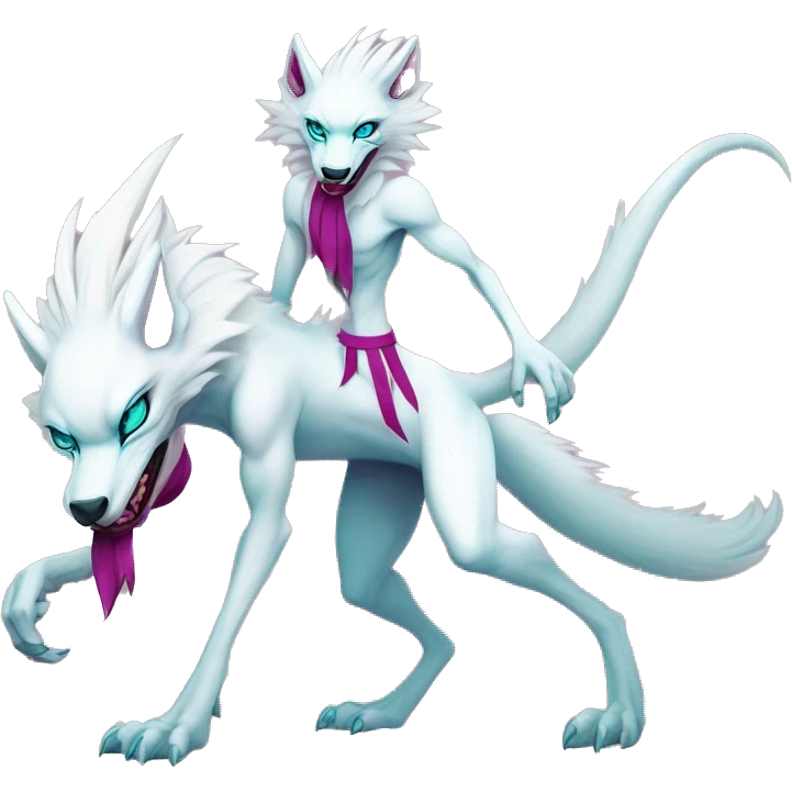 White elegant beautiful natural cute badass epic anthro modern albino sergal-vernid-Fakémon with cyan mane and magenta eyes with cyan edgy stripes, anthropomorphic, two-legged, digitigrade, full body emoji