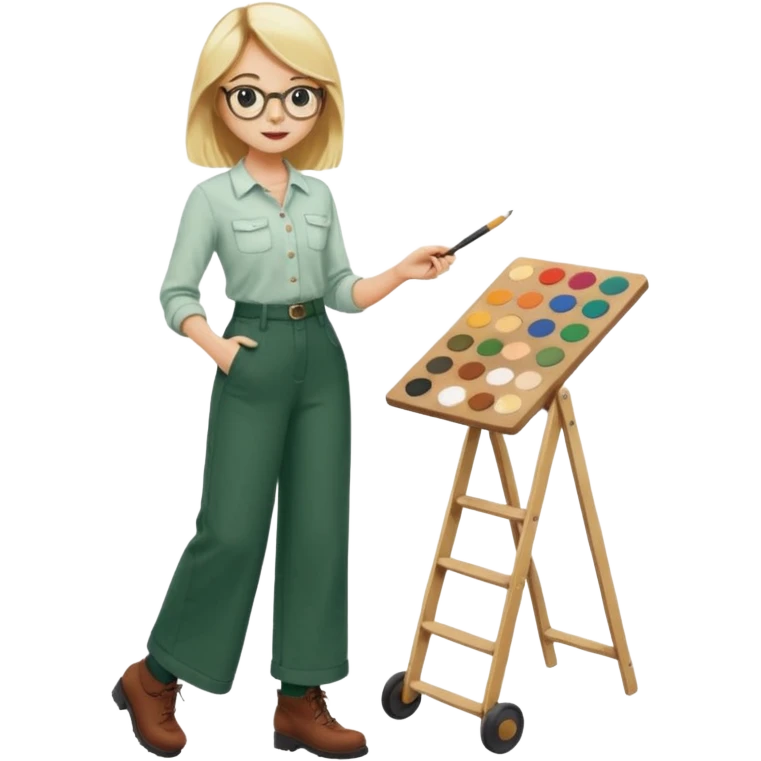 Fille blonde, pantalon ample vert foncé. Lunettes ronde fine. Bottines marrons. Elle pousse une palette remplie de chaussettes  emoji