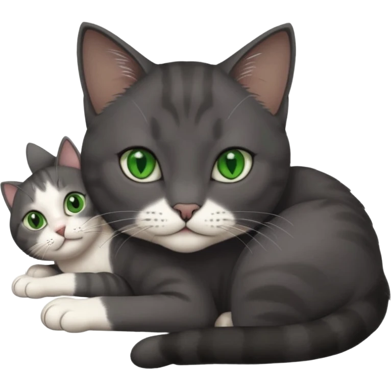 beautiful female solid dark grey cat with green eyes, white toes/paws and white patch on her chest lying down emoji