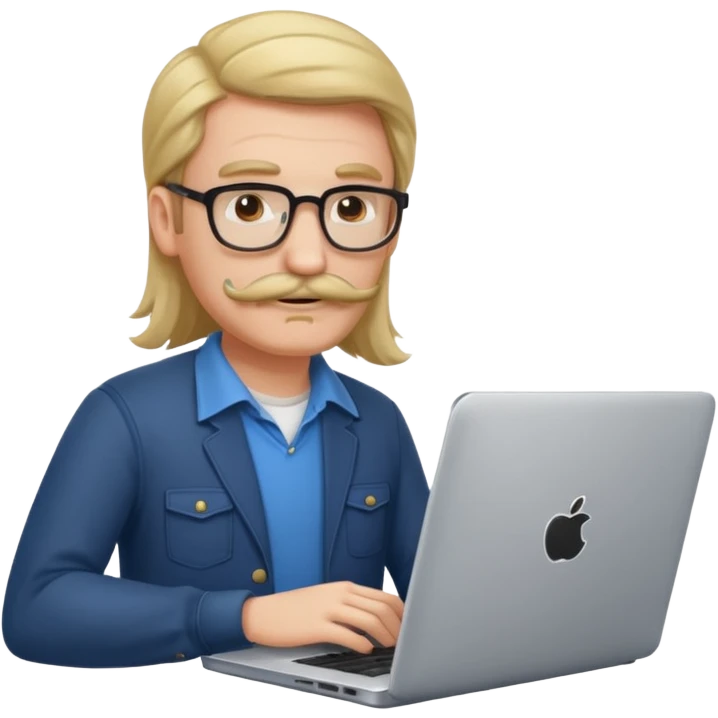 A DEVELOPER WITH A laptop, USING inFORMAL CLOTHES, long hair, mustache emoji