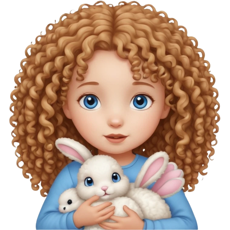 Curly haired girl toddler with blue eyes holding a bunny emoji