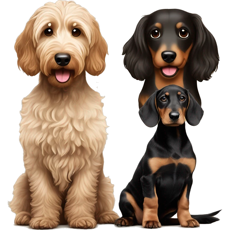 Brown golden doodle and black and tan and cream dachshund sitting together ￼￼ emoji
