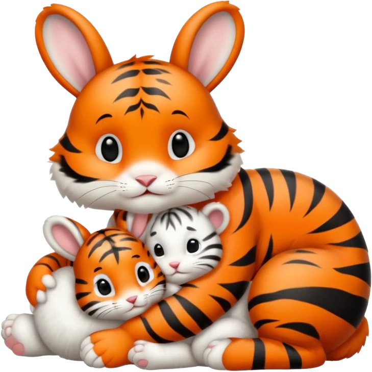 White baby bunny cuddling next to baby tiger emoji