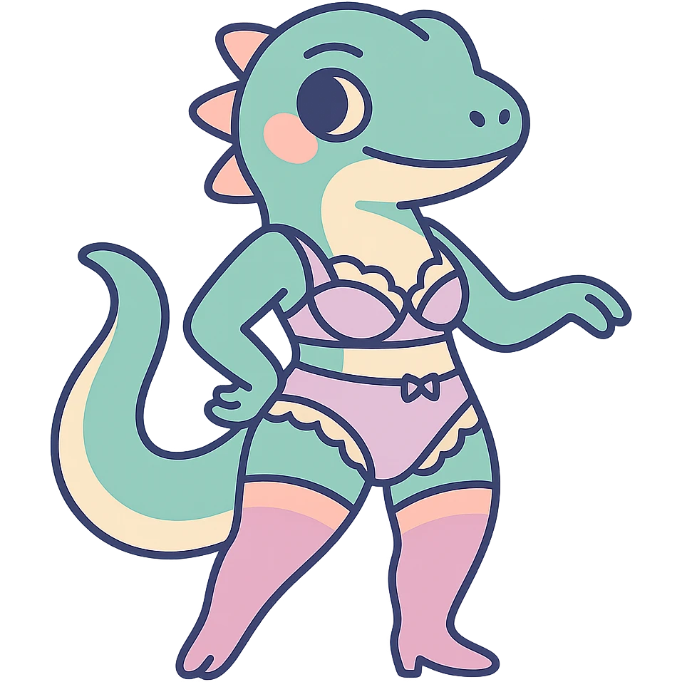 cute lizard in refined lingerie, pastel palette, playful but classy emoji