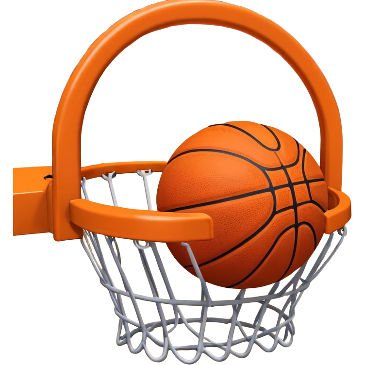 A close-up shot of a basketball entering the hoop, with the ball swishing through and inside  the basket. The background features a blurred basketball court, emphasizing the perfect shot and the excitement of the game. emoji