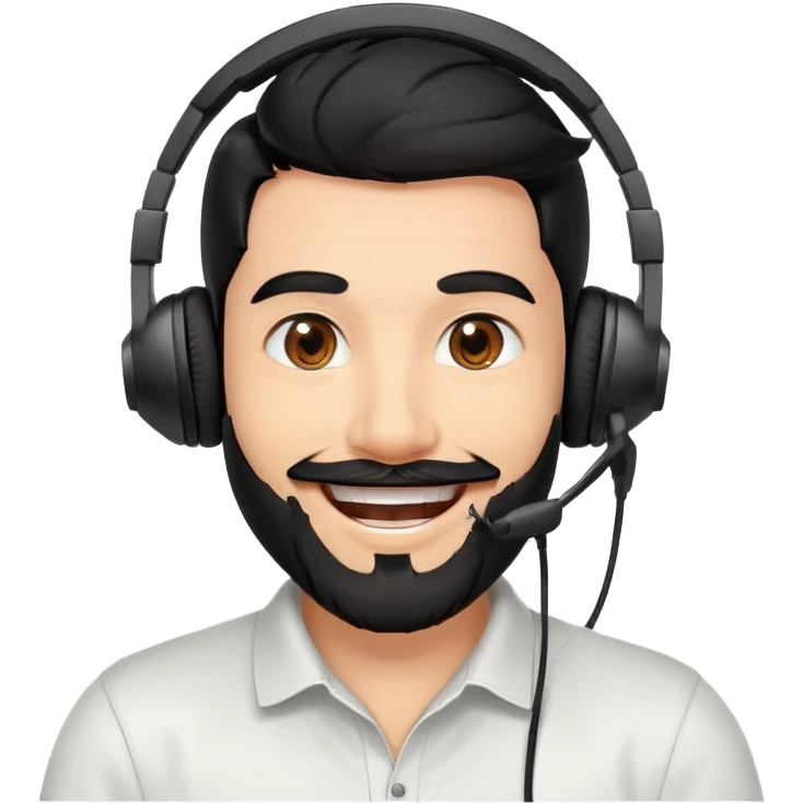 Very happy excited grinning man with black hair, brown eyes, black beard wearing a gaming headset emoji