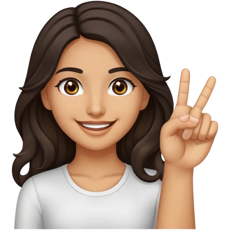 Girl with olive skin, brown eyes with long eyelashes and dark wavy long hair smiling while holding up the middle finger emoji