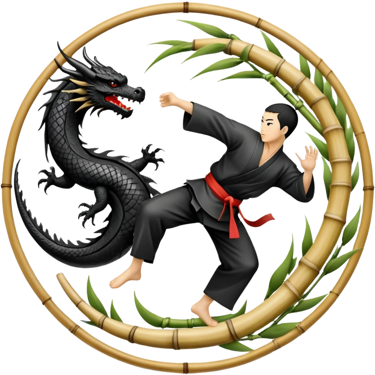 An icon symbolizing Eastern martial arts in the style of an emblem, featuring a black-and-white Yin-Yang symbol and a dragon at the center. A martial artist is performing a fluid kick, surrounded by elements like a dojo and bamboo. Transparent background highlights balance and power. emoji
