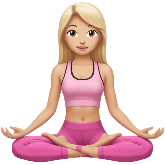 Mujer color de piel moreno con cabello rubio suelto y lacio y largo, que tenga gloss en los labios y se vea usando Blush rosita, usando un top rosa deportivo y leggins deportivo rosa en una pose de yoga sentada, viendo hacia enfrente con ojos negros y sonriendo sin mostrar los dientes emoji