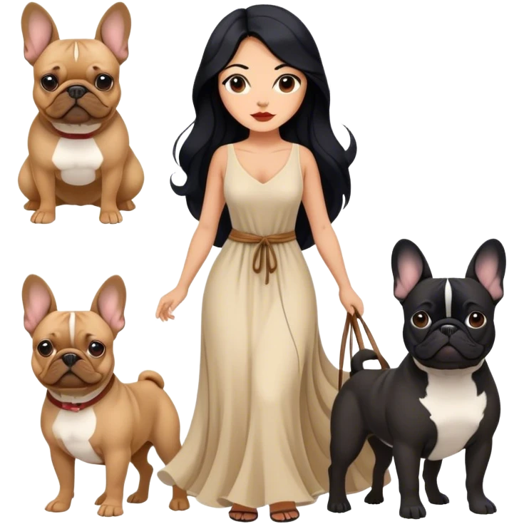 latin woman in a dress with long black hair standing alongside two French bulldogs  emoji