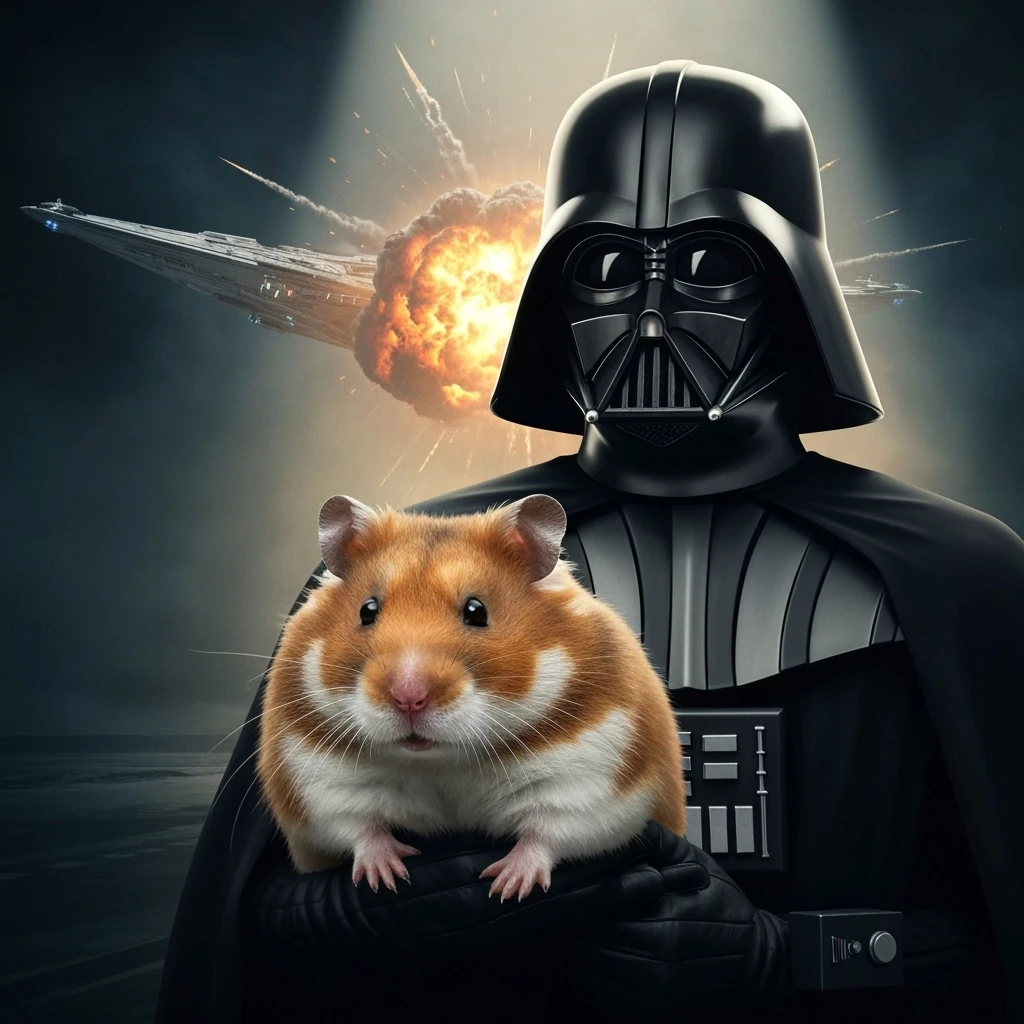 Extreme Closeup Photo of a darth vader holding big hamster, low key light, explosion startship background with leading lines, back light, spot light emoji