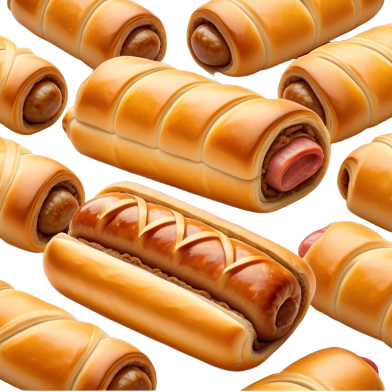 Cinematic Realistic Sausage Roll Dish Emoji, depicted with a crisp, golden pastry wrapped around flavorful sausage, rendered with detailed textures and appetizing lighting. emoji