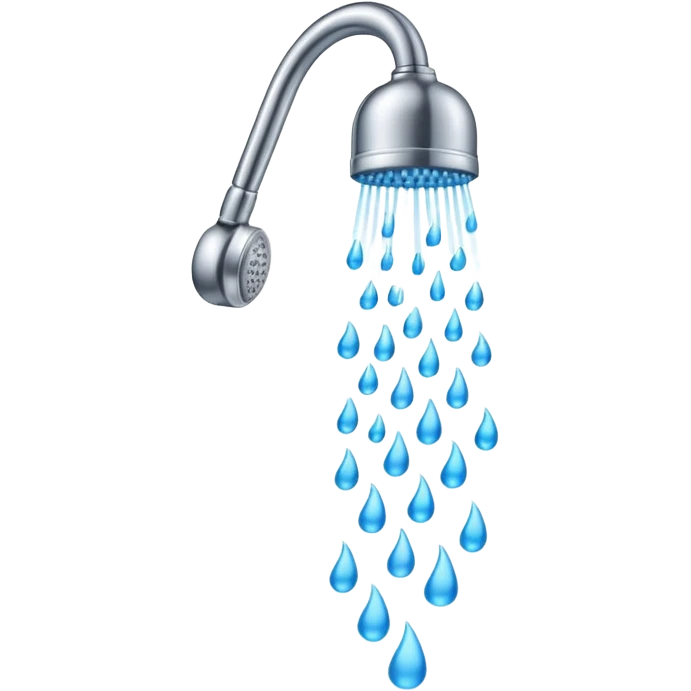 "A clean emoji icon of a silver shower head running with blue water falling downward in streams and steam wisps rising, minimal flat design, bright and refreshing colors, transparent background" emoji
