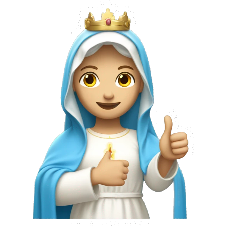 blessed virgin mary with one hand thumb up, with white skin, with blue veil and white clothes, with crown, with halo, with light brown hair emoji