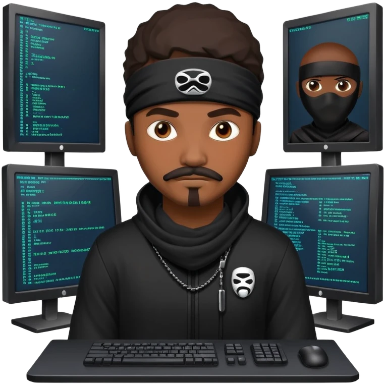 african-american web developer mustache mercenary black asymmetrical ninja hacker terminal command center emoji