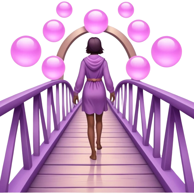 
A small figure walks across a glowing bridge, holding soft pink and purple orbs in each hand—symbolizing compassion and forgiveness. A gentle heart aura trails behind them, showing healing in motion. emoji
