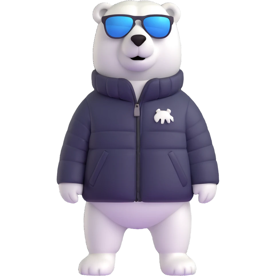 polar bear wearing a white puffer jacket and sunglasses emoji