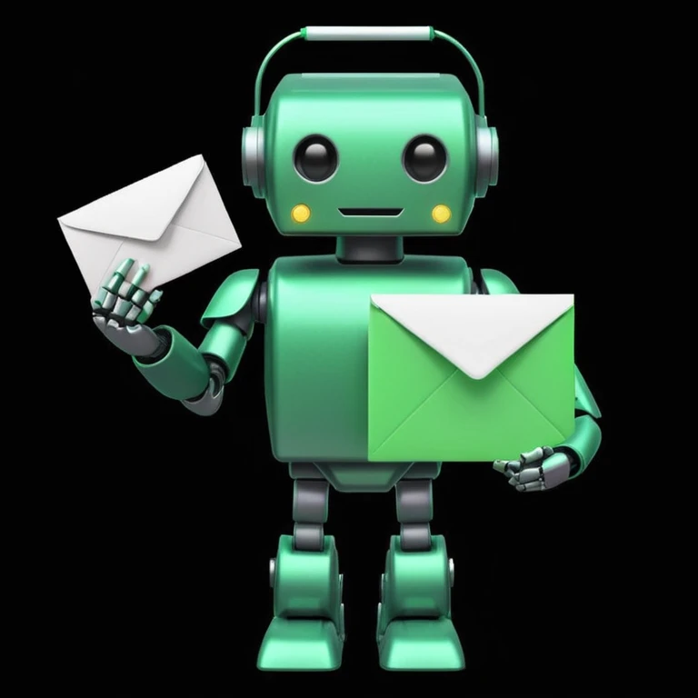 green mailbox robot, futuristic style, black background, glowing details, white envelope with code inside, modern tech aesthetic
 emoji