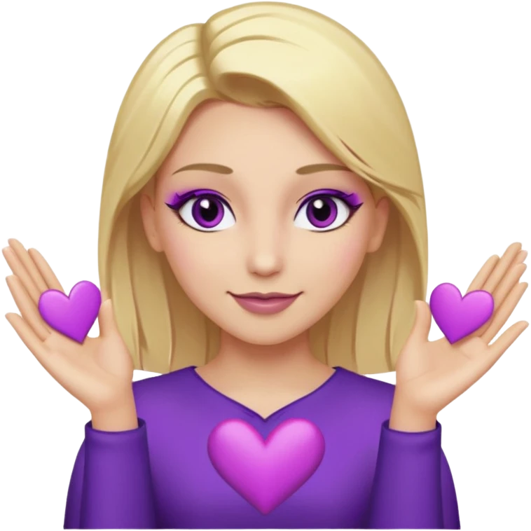 twitch emote, kinda chibi style. blonde hair: long, straight, no bangs. gray eyes. an eyebrow with a slit. purple eyeshadow/eyeliner with gold eyeshadow. only face and arms, hands visible. happy, holding a purple heart. white background. emoji