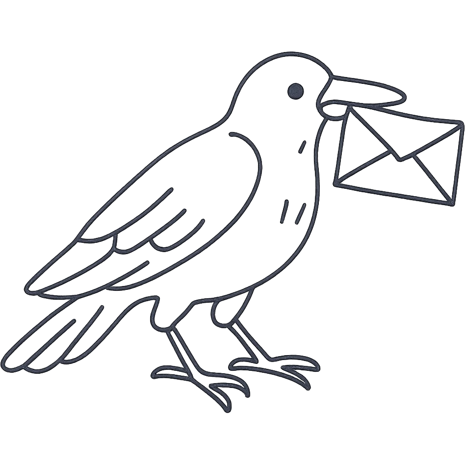 hand drawn outlined icon of a raven with a letter emoji