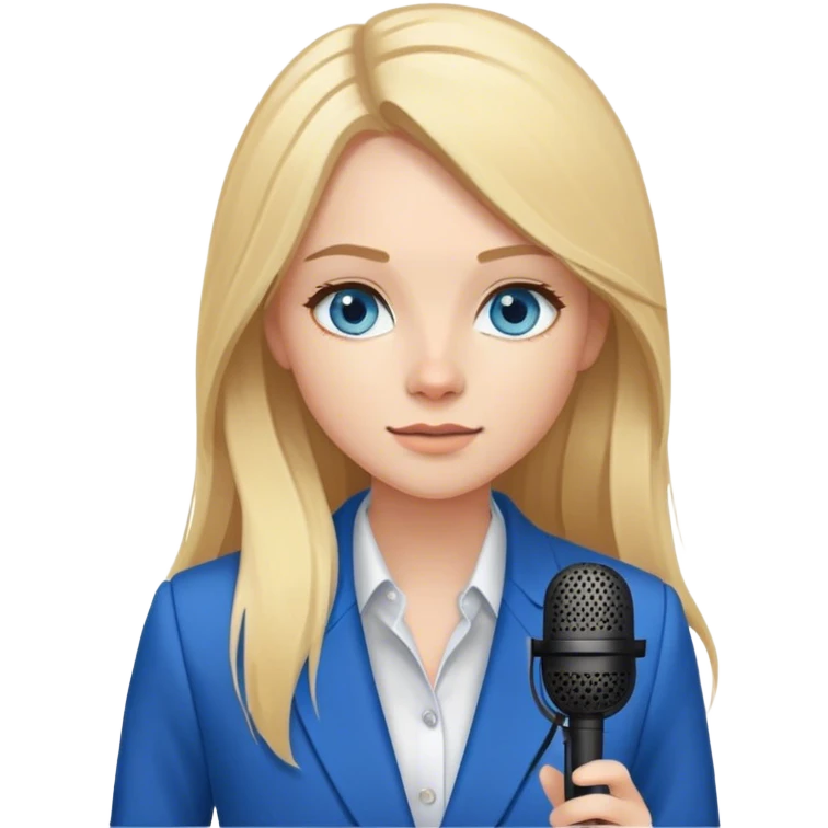A young woman with long blonde hair and blue eyes, wearing a blazer, recording a podcast with a microphone emoji