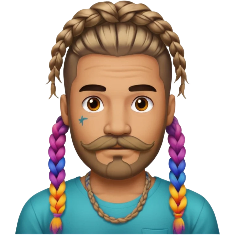 big lose braids starting from the top sides of the head hair like a unicorn man with mustache face wiith big visible loose only two braids and lots and lots of colored face tattoos colored tattoos like a tattoo artist hair unique color and beard emoji
