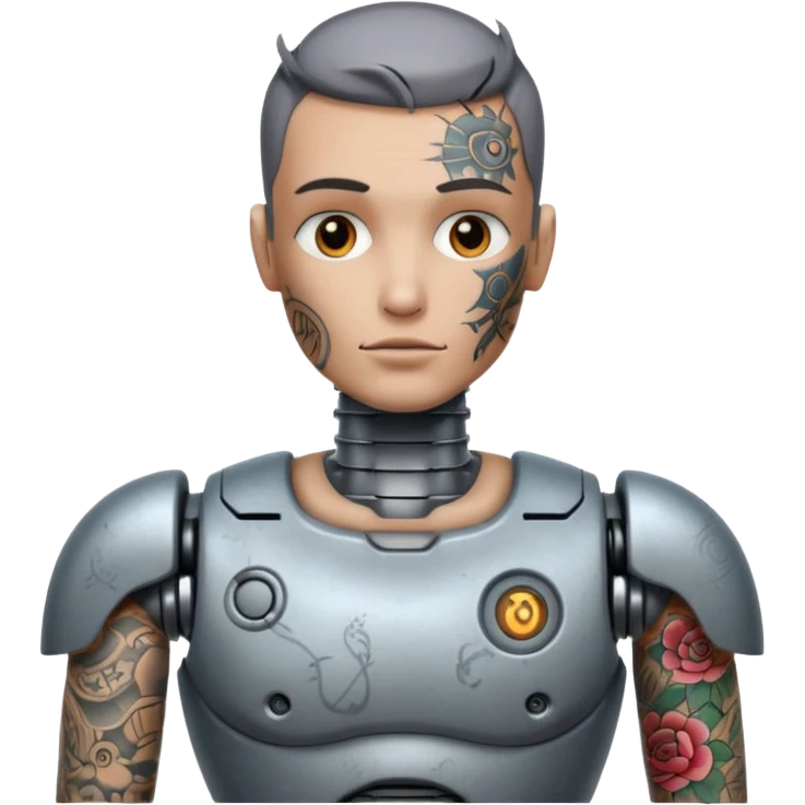 gray Tatooed robot, big many tatooes on chest, neck and face emoji
