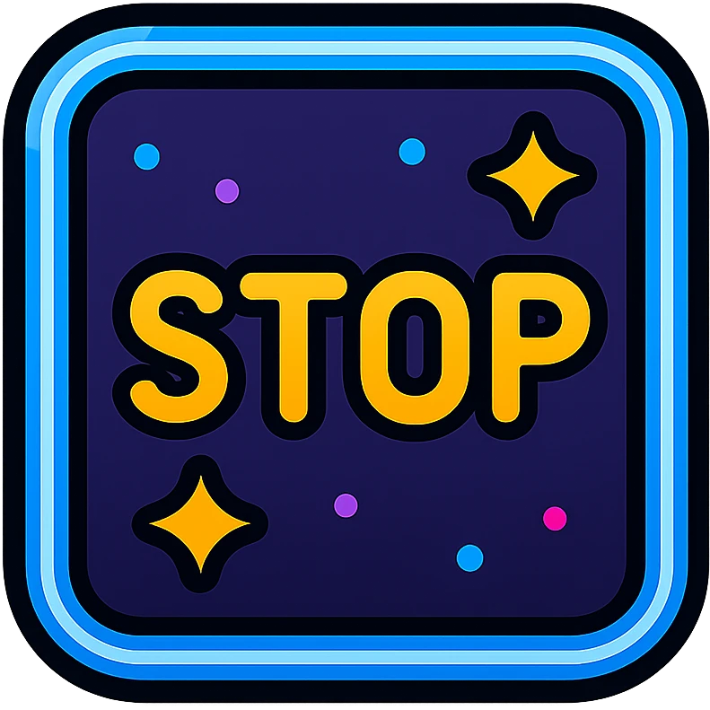 animated stop icon with dark purple, blue, and black base, bright accents, complex gradients, stars, bright neon border, modern clean stop symbol, subtle glowing and moving stars neon effects, sophisticated futuristic style emoji