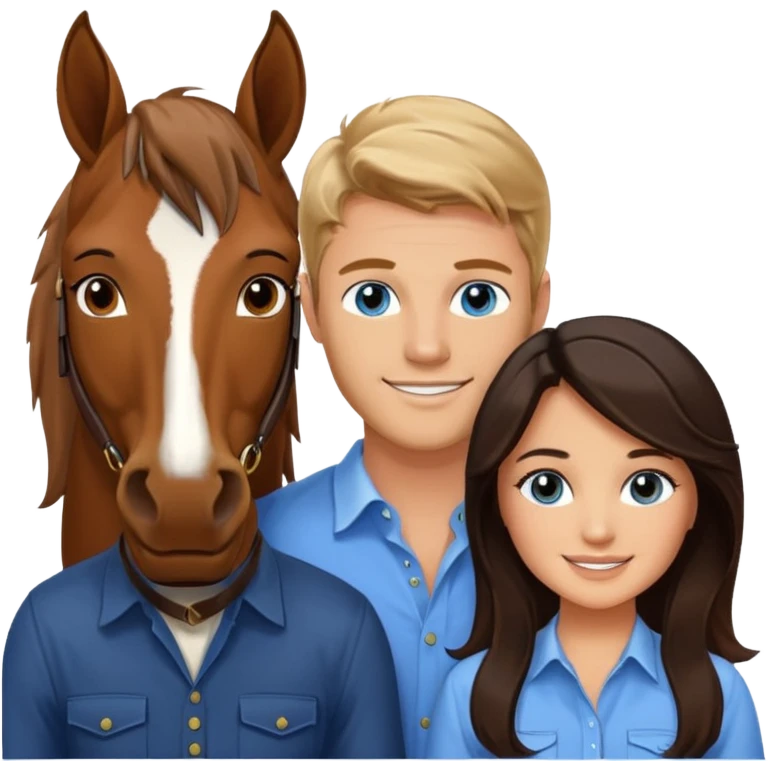 Smiling blue eyed trevor donovan with smiling brown eyed danica mckellan and one brown horse emoji