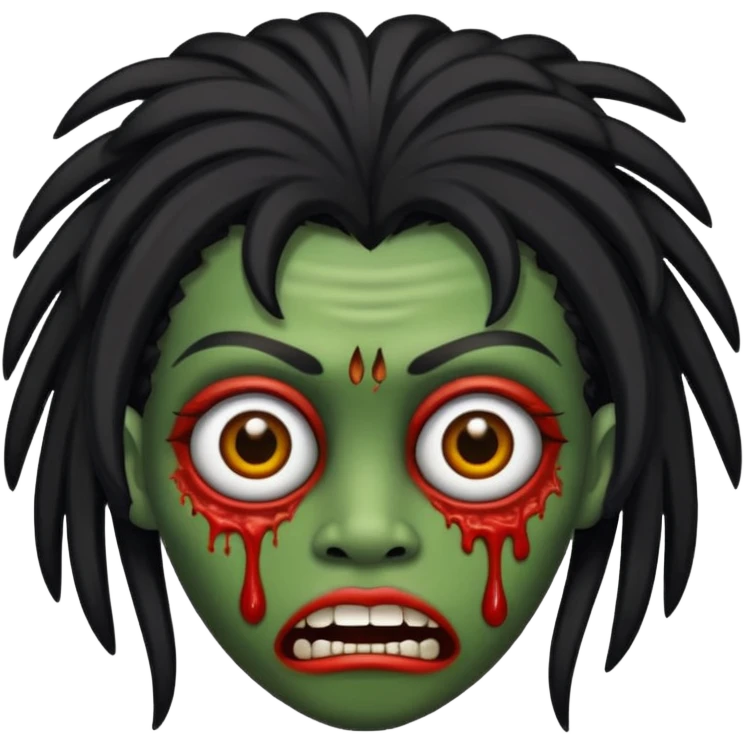 Uma zumbi com os cabelos pretos, longos, liso e com franja, olhos castanhos emoji