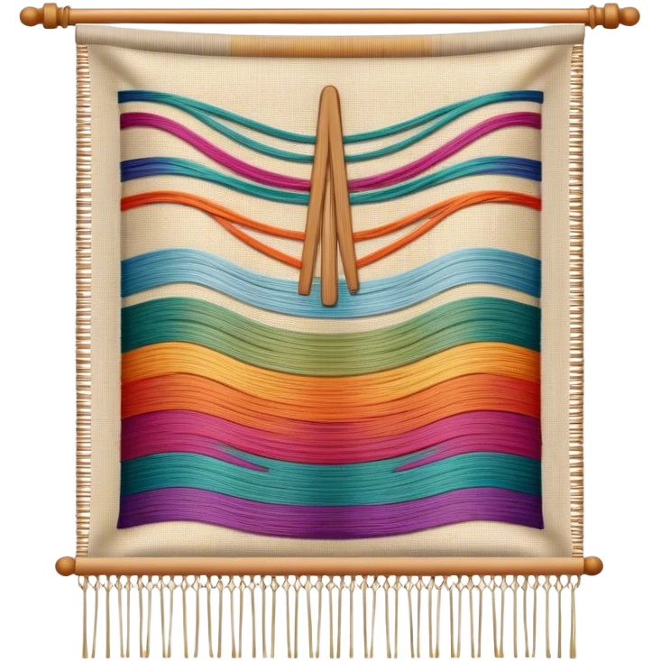 Tapestry icon, woven fabric with intricate patterns, weaving loom, colorful threads, detailed design, minimalistic style, clean lines, transparent background. emoji