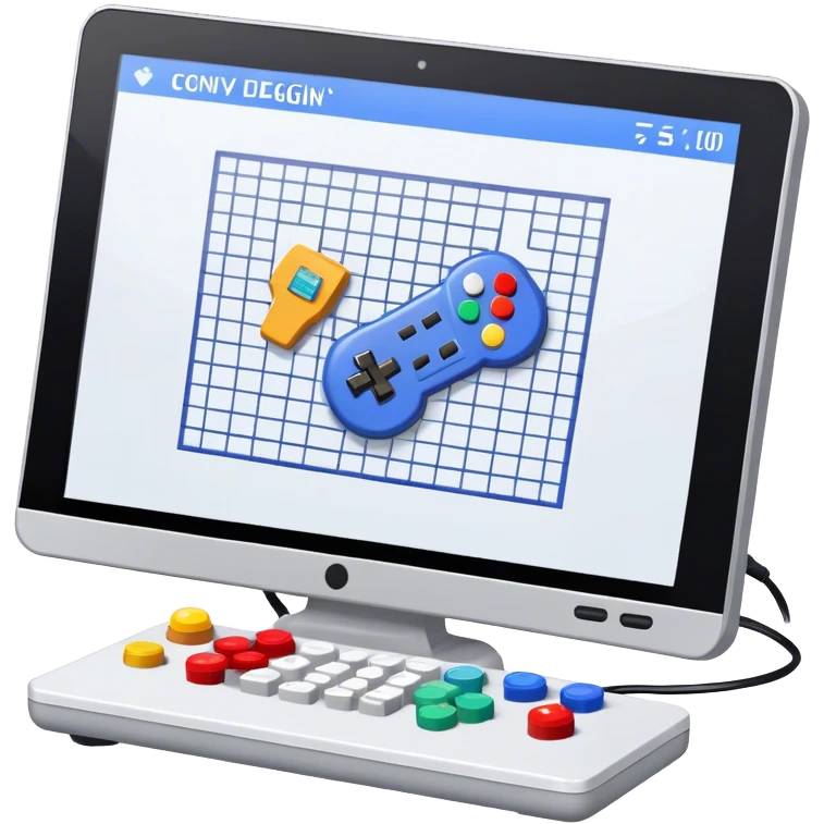 Icon for Game Design Development: a computer screen displaying a game interface, pixel art, 3D models, a game controller, and tools like a grid, stylus, and wireframe. Сonvey the process of game development, with elements representing design, coding, and interaction. Transparent background. emoji