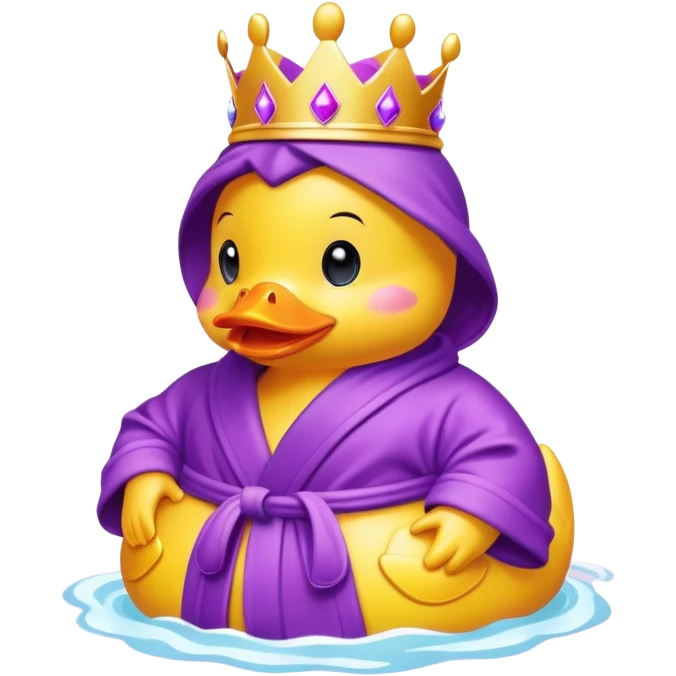 Yellow rubber Duckie with pink crown and purple beak and a purple bath robe emoji