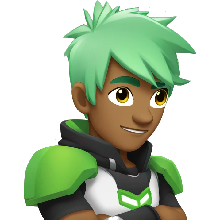 Omnitrix 23 year old white skin, arm folded side looking, half body  emoji