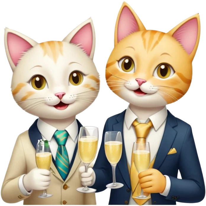 happy girl cat with eyelashes wearing a colorful necktie and happy boy cat wearing a professional necktie clinking champagne glasses together in celebration, both with cheerful expressions emoji