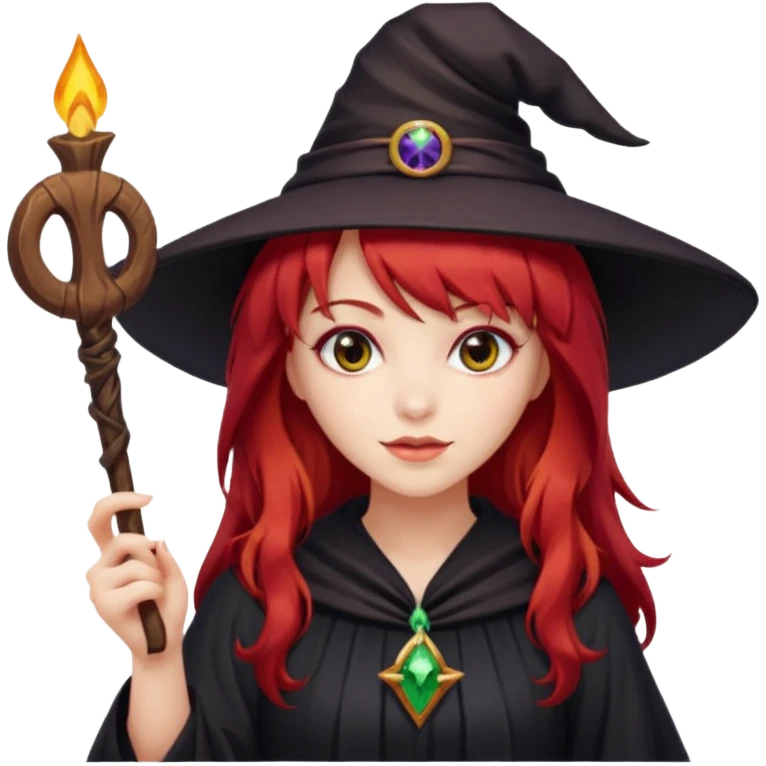 a witchy girl with long red hair and bangs holding a lucky sign emoji
